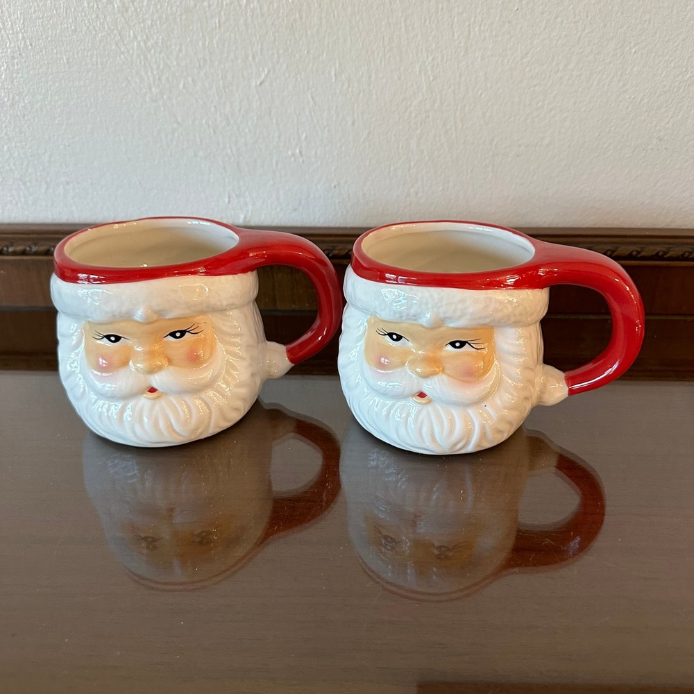 Sleigh Bell Bistro Santa Claus Figural Mugs Set of 2 Christmas 17 OZ Ceramic